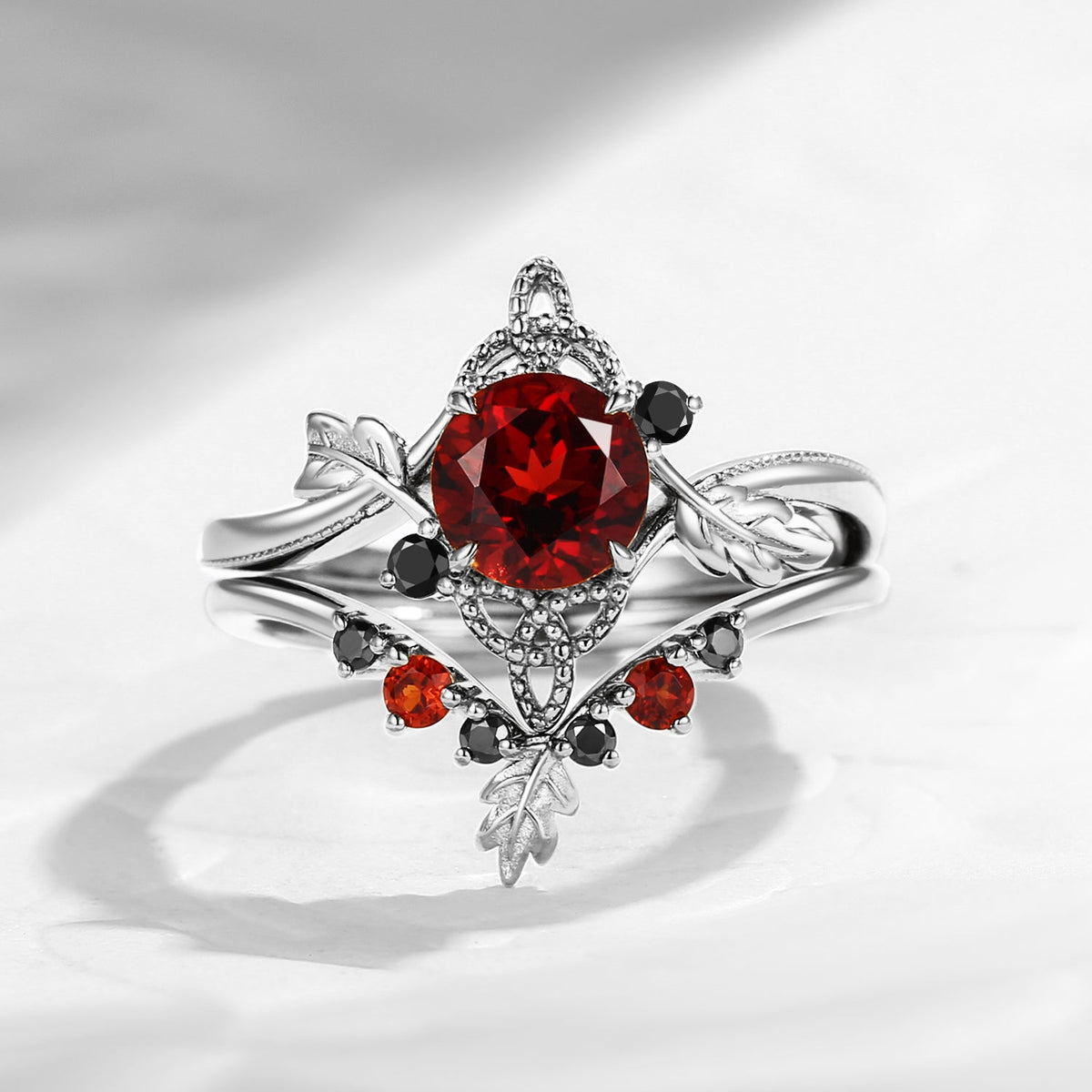 Celtic Calendar | 12.24-1.20 | Round Cut Garnet Nature Inspired Birch Leafy Celtic Ring Set 2pcs