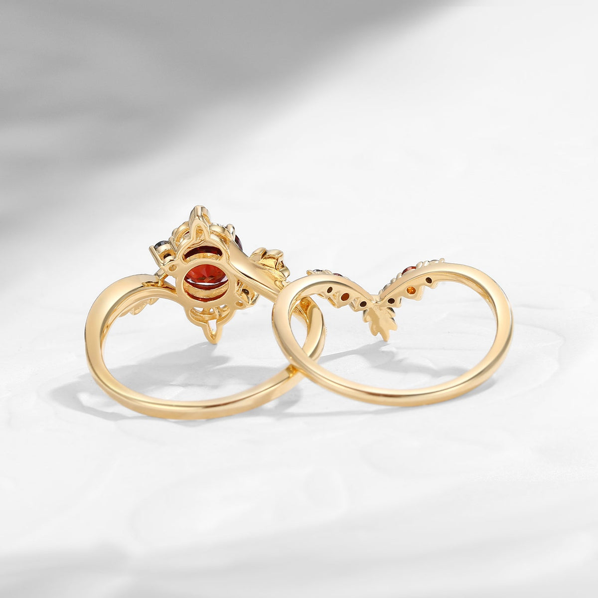 Celtic Calendar | 12.24-1.20 | Round Cut Garnet Nature Inspired Birch Leafy Celtic Ring Set 2pcs