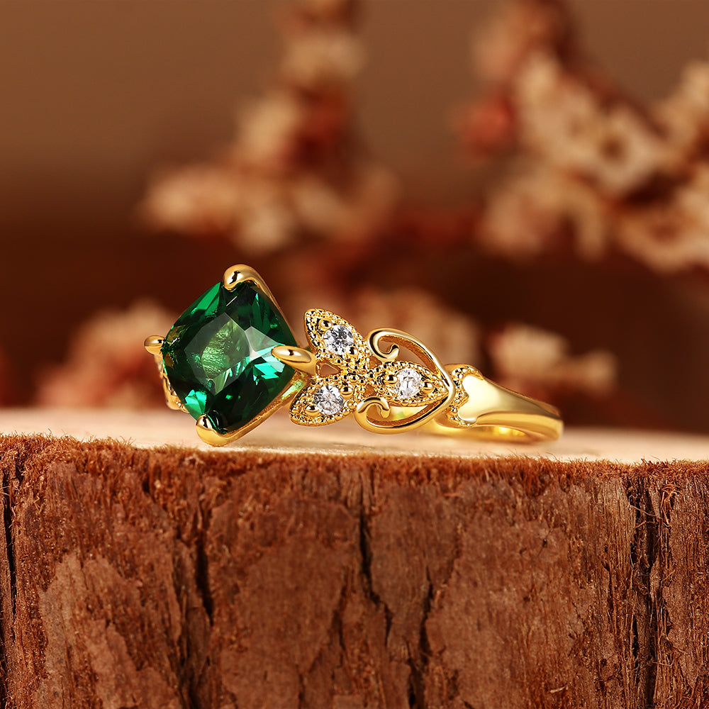 Vintage 1.46CT Cushion Cut Lab Emerald Art Deco Leaf Engagement Ring