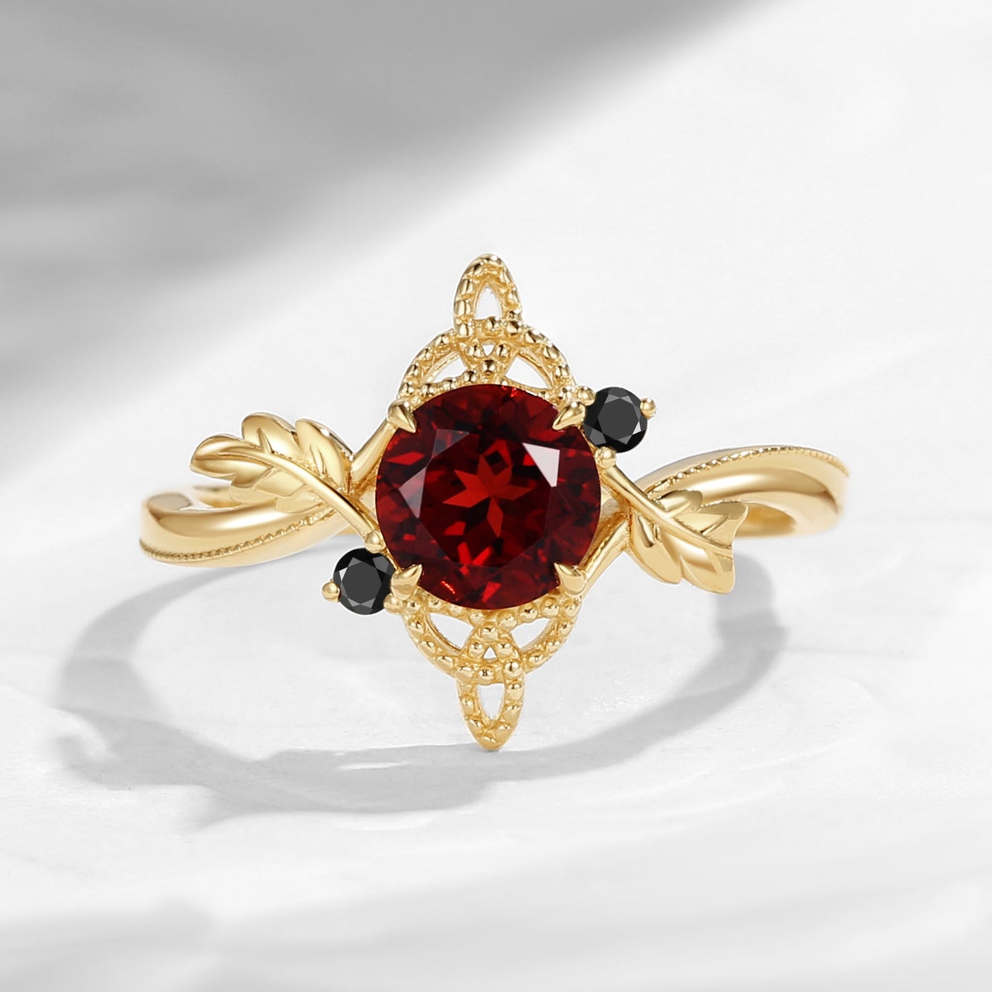 Celtic Calendar | 12.24-1.20 | Round Cut Garnet Nature Inspired Birch Leafy Celtic Ring