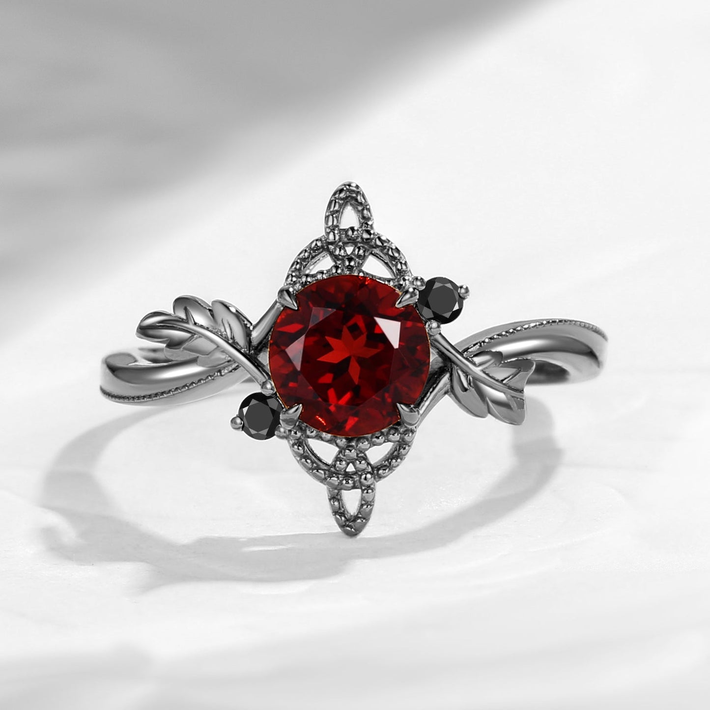 Celtic Calendar | 12.24-1.20 | Round Cut Garnet Nature Inspired Birch Leafy Celtic Ring