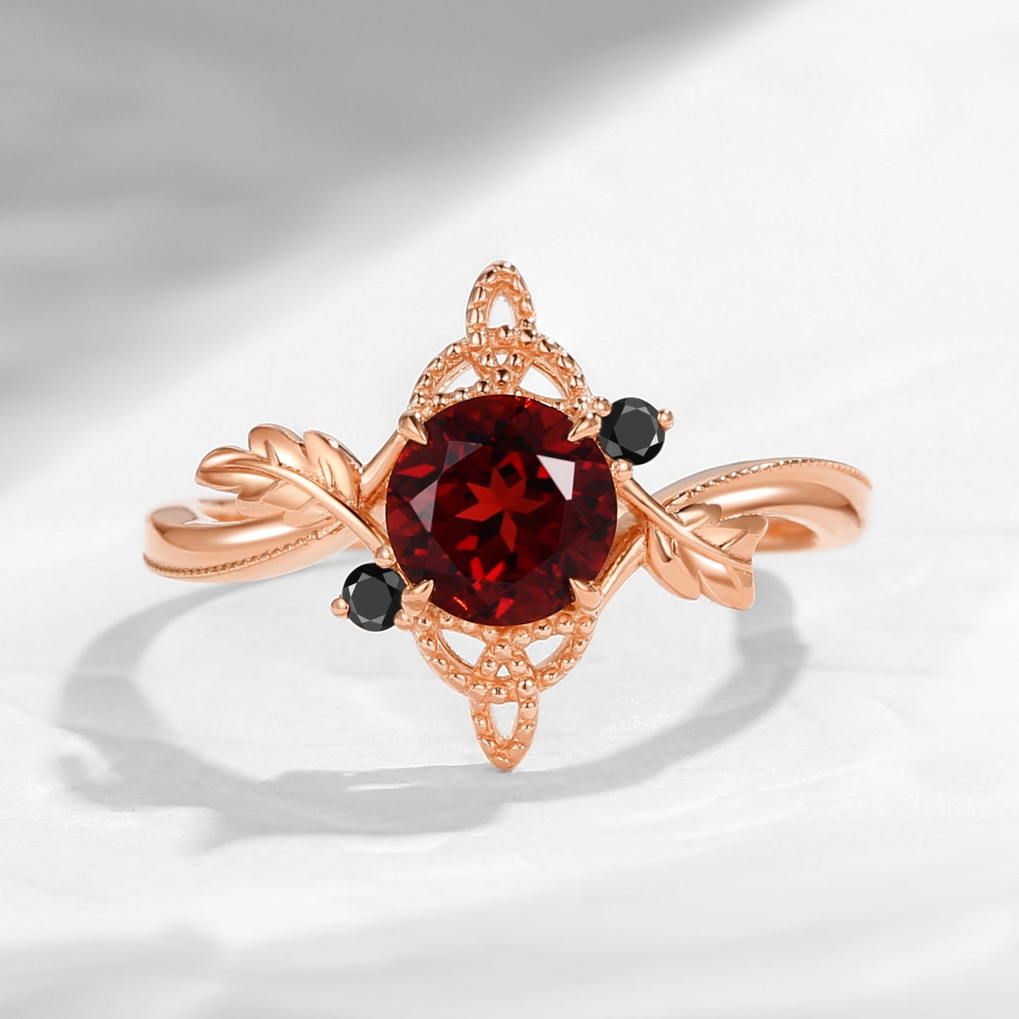 Celtic Calendar | 12.24-1.20 | Round Cut Garnet Nature Inspired Birch Leafy Celtic Ring