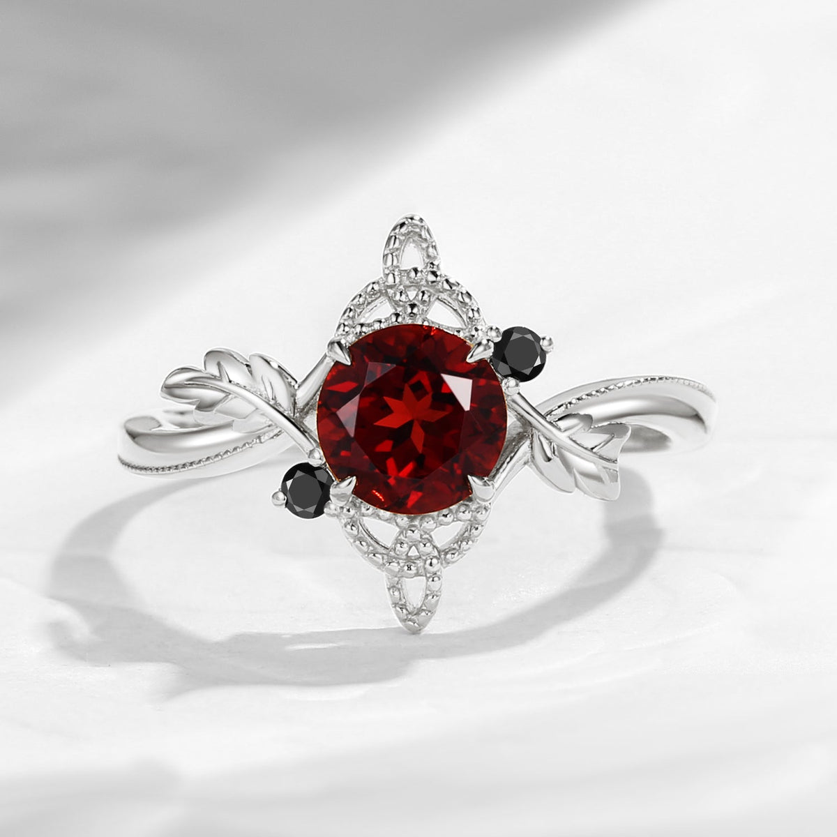 Celtic Calendar | 12.24-1.20 | Round Cut Garnet Nature Inspired Birch Leafy Celtic Ring