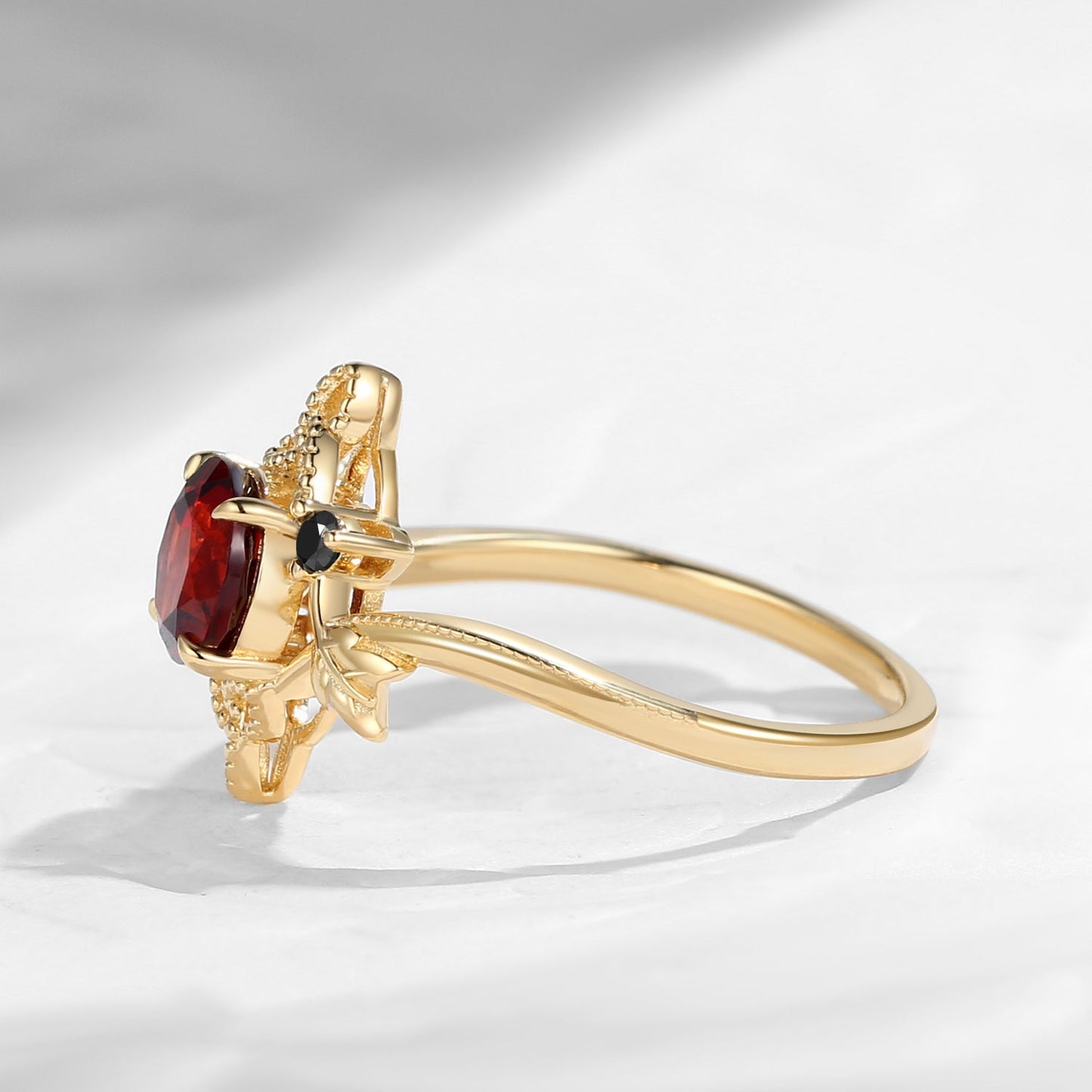 Celtic Calendar | 12.24-1.20 | Round Cut Garnet Nature Inspired Birch Leafy Celtic Ring