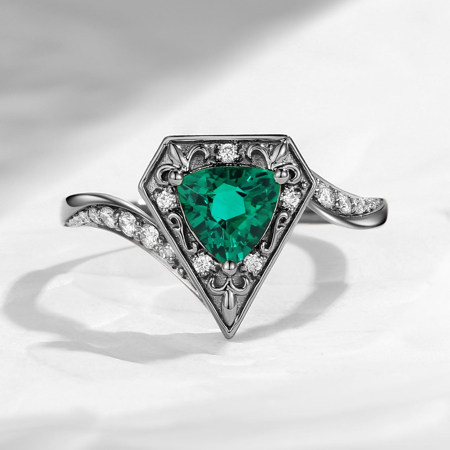 Triangle Cut Lab Emerald 'Fallen Aegis' Vintage Inspired Filigree Gold Engagement Ring