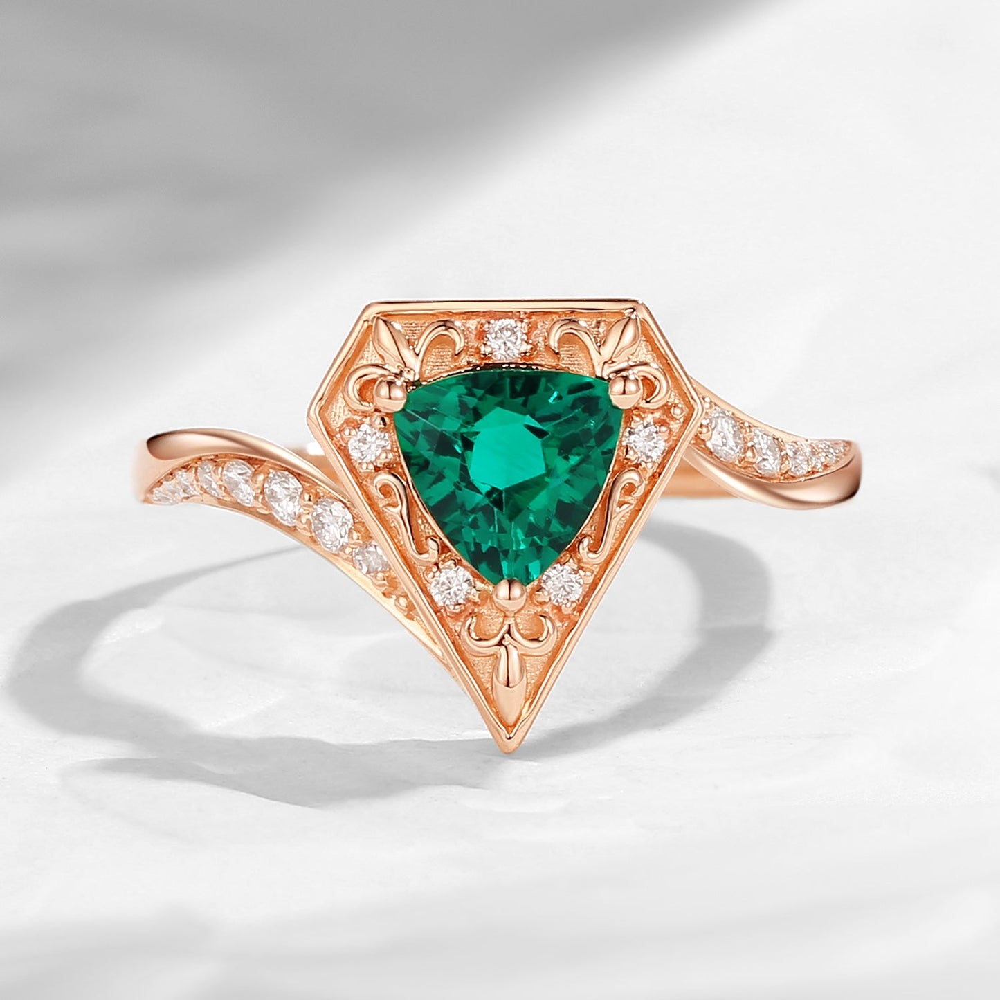 Triangle Cut Lab Emerald 'Fallen Aegis' Vintage Inspired Filigree Gold Engagement Ring