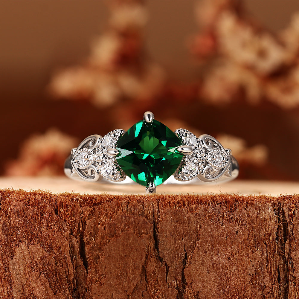 Vintage 1.46CT Cushion Cut Lab Emerald Art Deco Leaf Engagement Ring