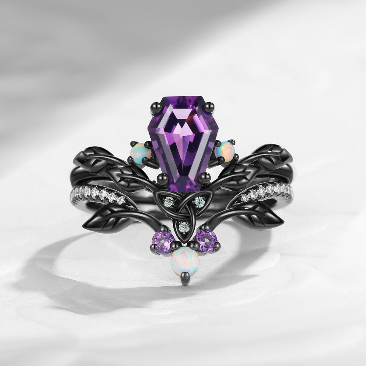 Celtic Calendar | 1.21-2.17 | Coffin Amethyst Nature Inspired Rowan Leafy Celtic Ring Set 2pcs