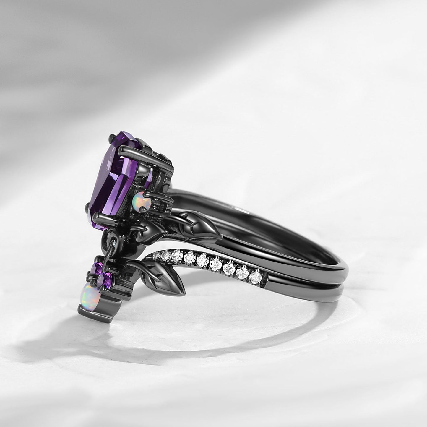 Celtic Calendar | 1.21-2.17 | Coffin Amethyst Nature Inspired Rowan Leafy Celtic Ring Set 2pcs