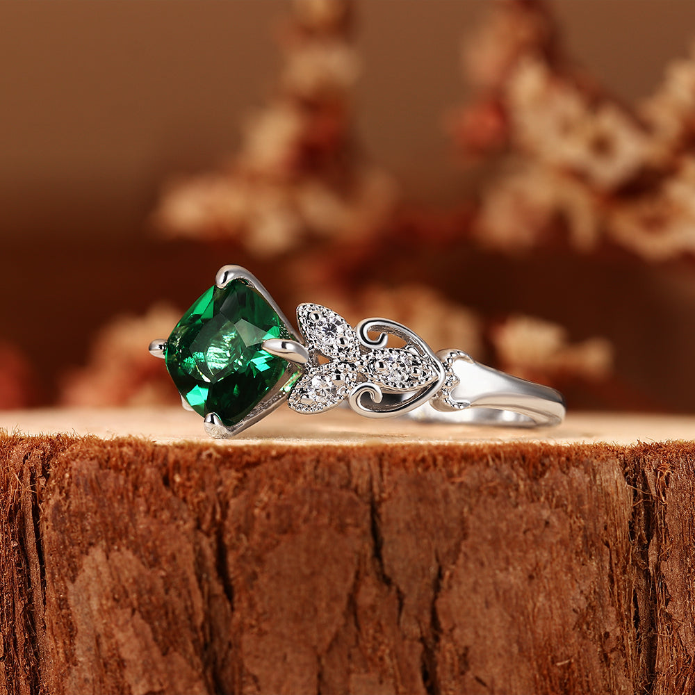 Vintage 1.46CT Cushion Cut Lab Emerald Art Deco Leaf Engagement Ring