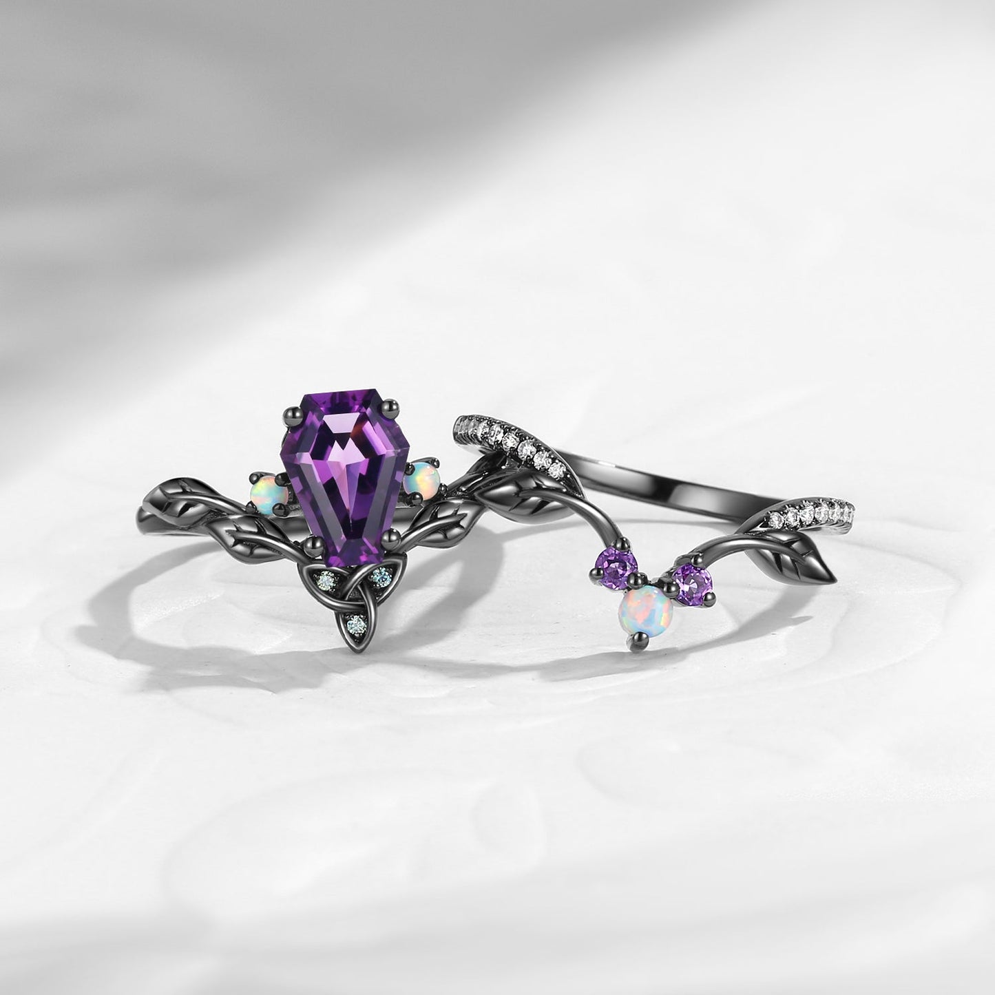 Celtic Calendar | 1.21-2.17 | Coffin Amethyst Nature Inspired Rowan Leafy Celtic Ring Set 2pcs