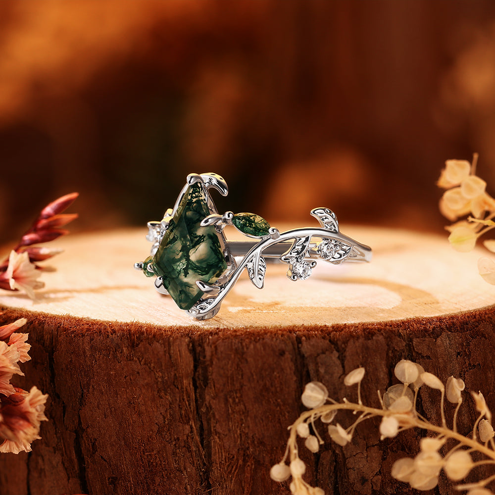 Unique Kite Cut Moss Agate Nature Inspired Vine & Leaf Branch Engagement Ring