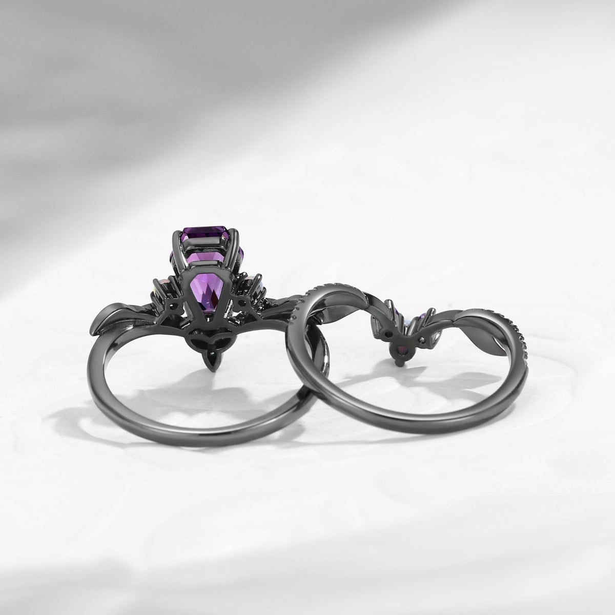 Celtic Calendar | 1.21-2.17 | Coffin Amethyst Nature Inspired Rowan Leafy Celtic Ring Set 2pcs