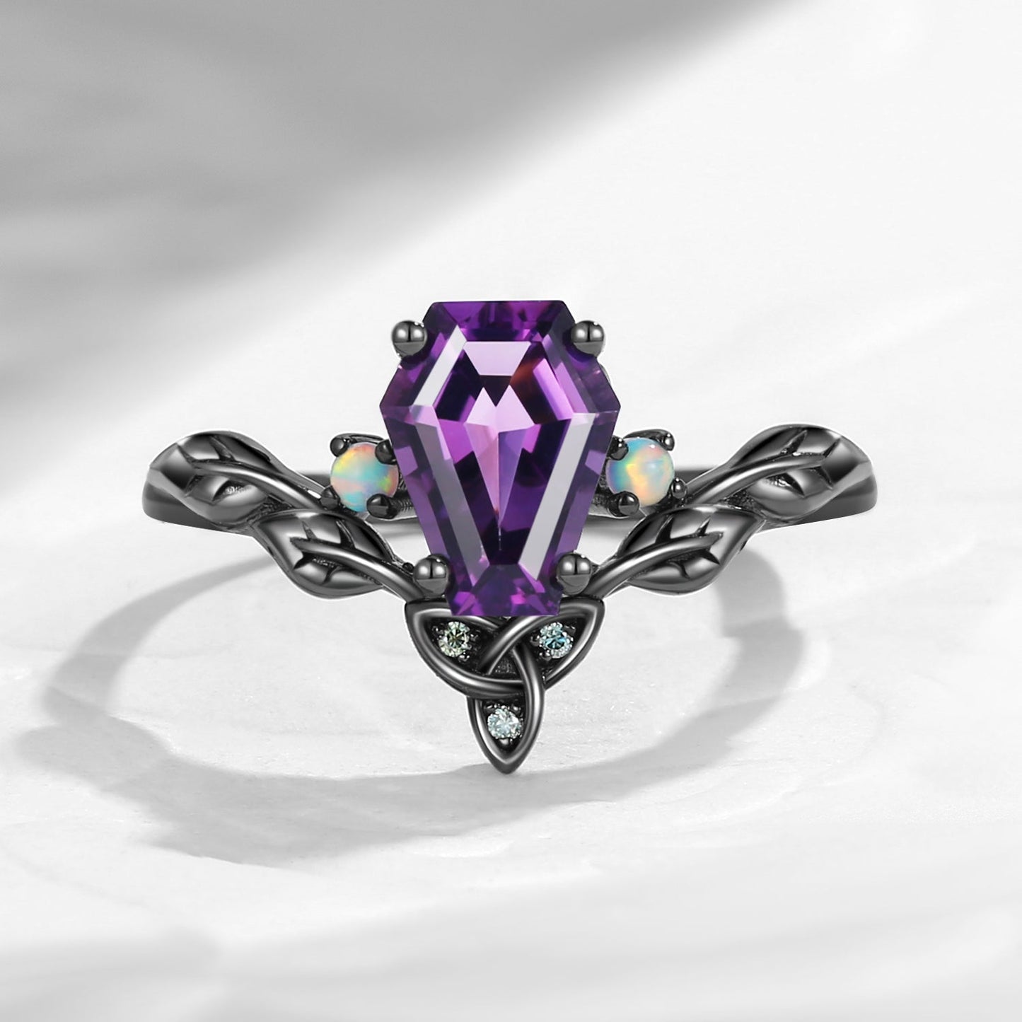 Celtic Calendar | 1.21-2.17 | Coffin Amethyst Nature Inspired Rowan Leafy Celtic Engagement Ring