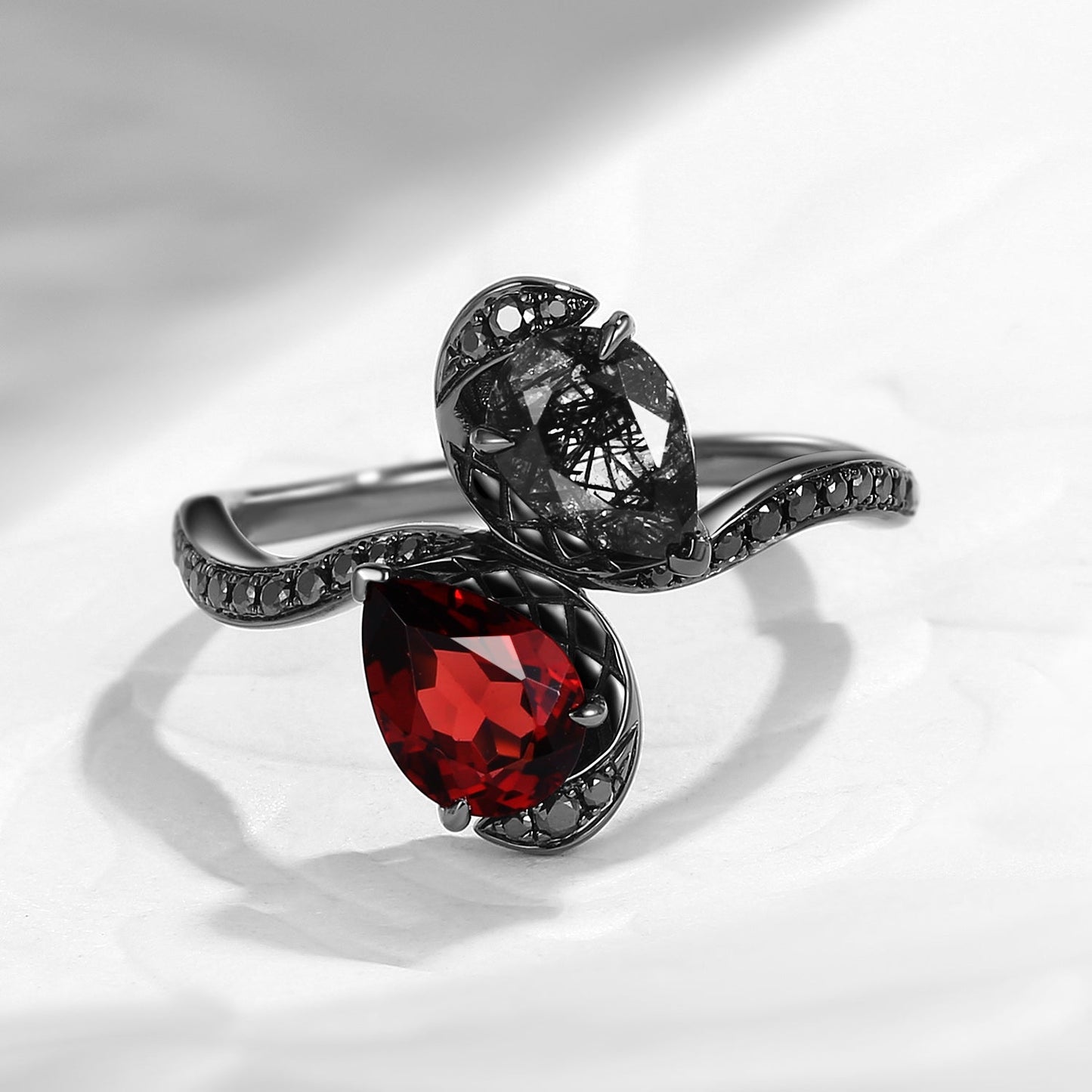 Toi et Moi 'Twin Flames' - Gothic Pear Cut Garnet & Black Rutilated Quartz Serpent's Embrace Engagement Ring