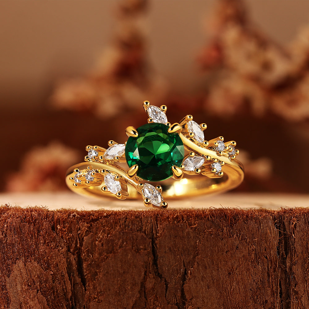 Nature Inspired 1.28CT Round Cut Lab Emerald Leaf & Branch Cluster Ring