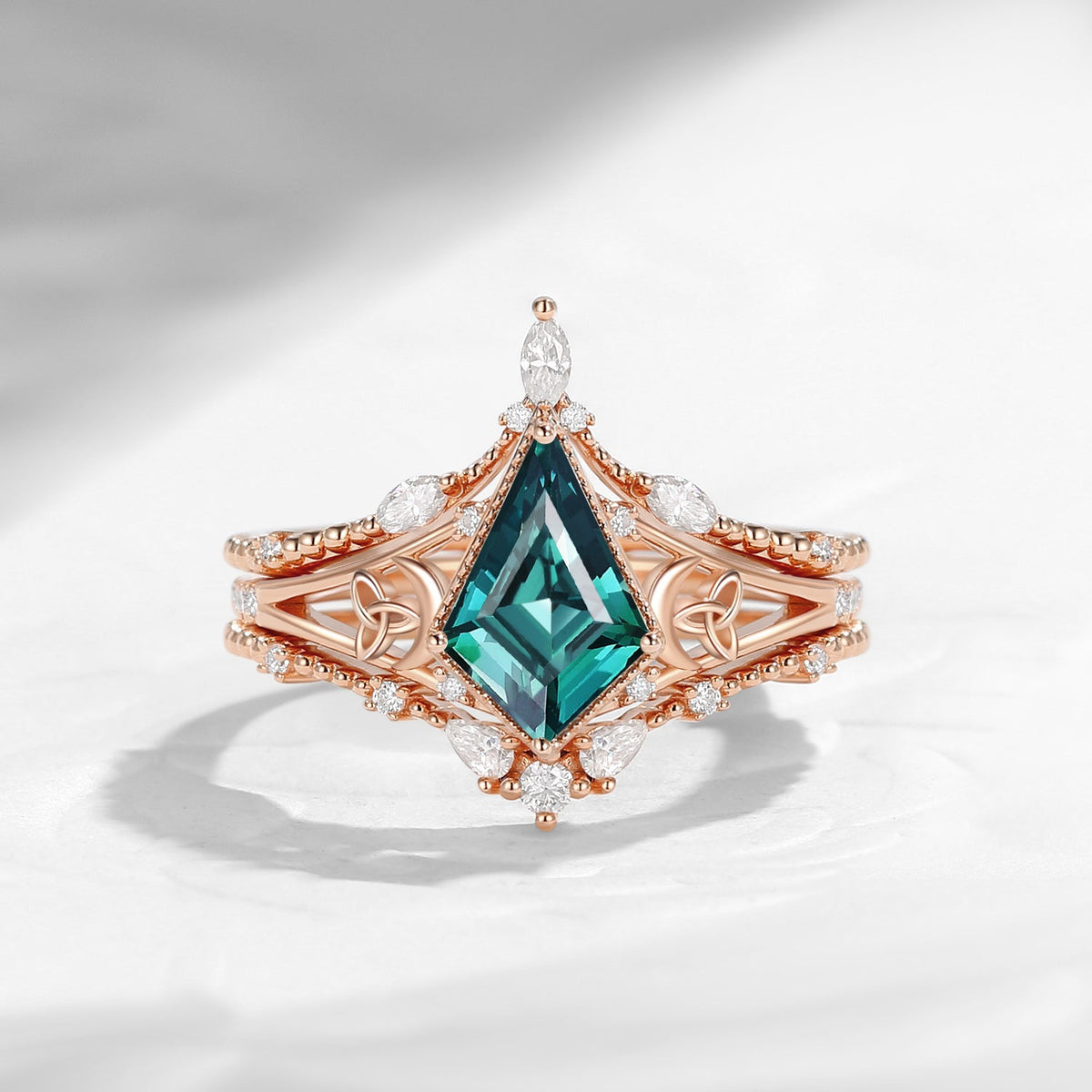 Celtic Moon 'Celestial Moon' - Kite Cut Lab Teal Sapphire Split Band Engagement Ring Set