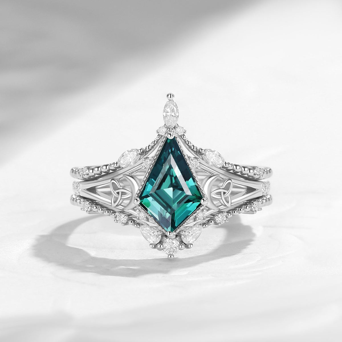 Celtic Moon 'Celestial Moon' - Kite Cut Lab Teal Sapphire Split Band Engagement Ring Set