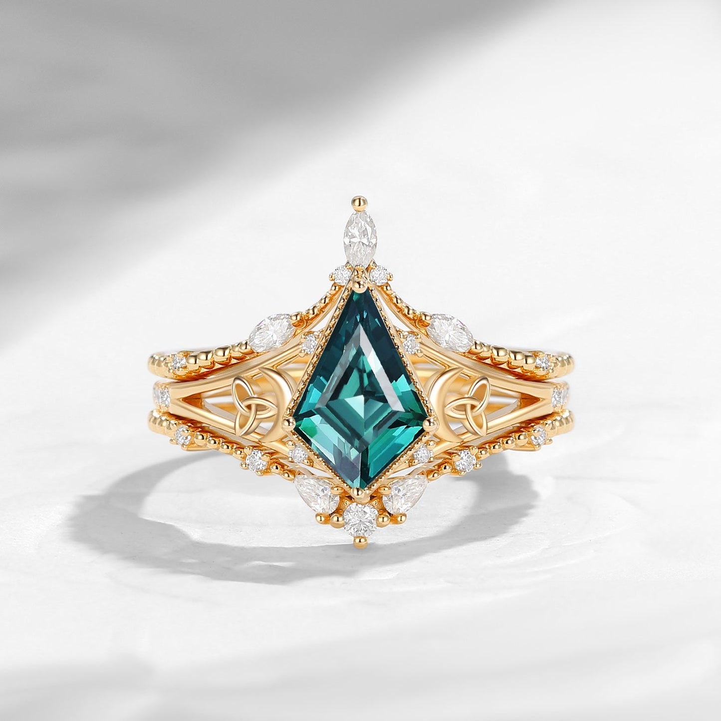 Celtic Moon 'Celestial Moon' - Kite Cut Lab Teal Sapphire Split Band Engagement Ring Set