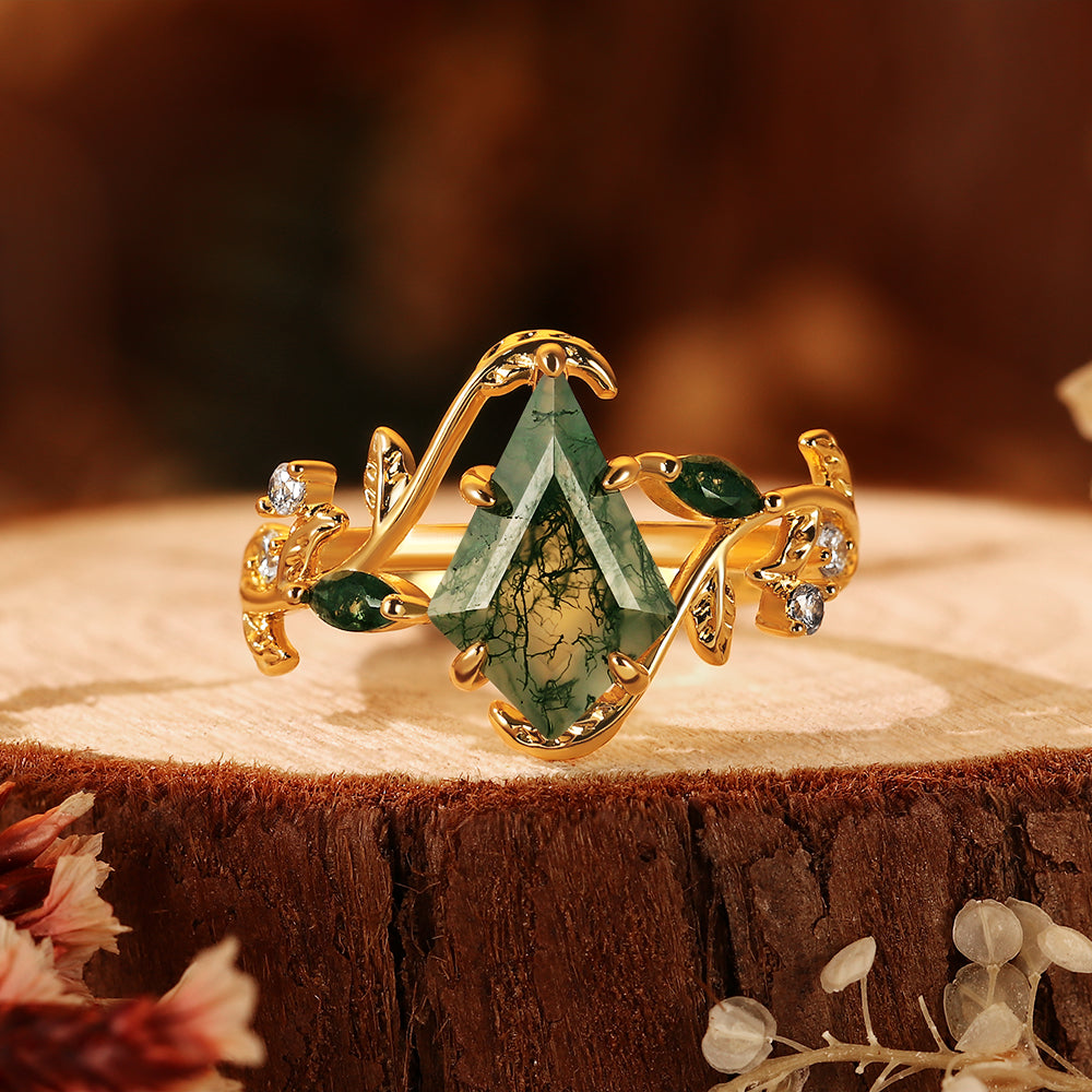Unique Kite Cut Moss Agate Nature Inspired Vine & Leaf Branch Engagement Ring