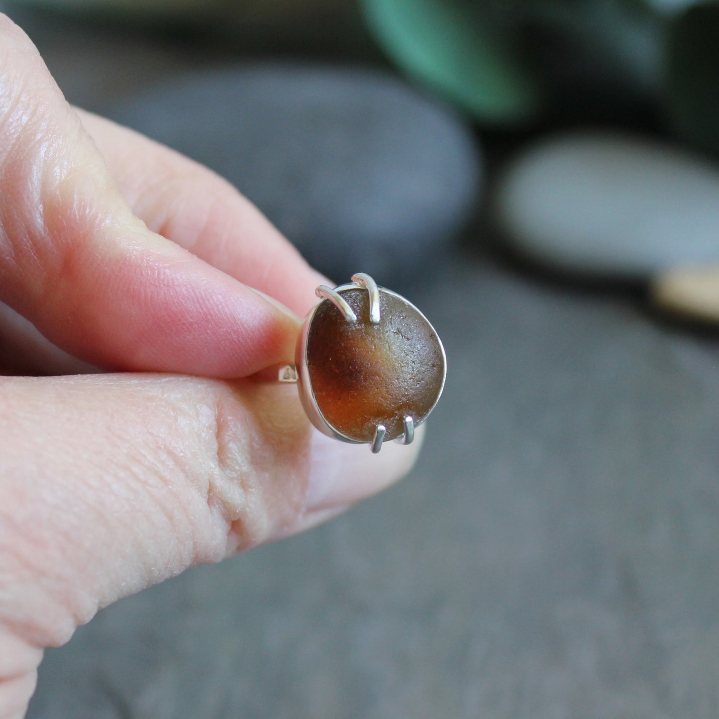 Funky Amber Brown Sea Glass Ring | Handmade | Sterling Silver | Size 6 1/4