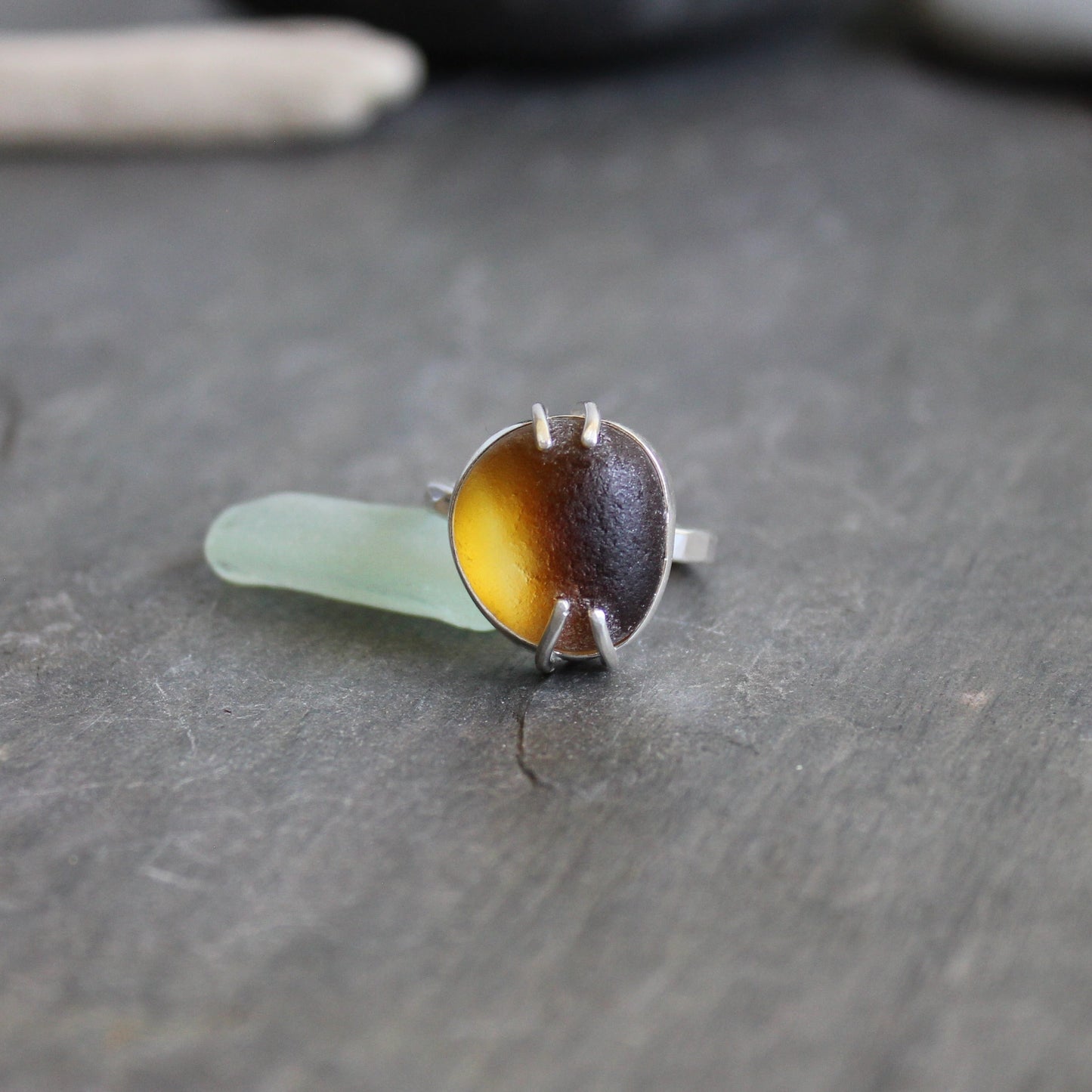 Funky Amber Brown Sea Glass Ring | Handmade | Sterling Silver | Size 6 1/4