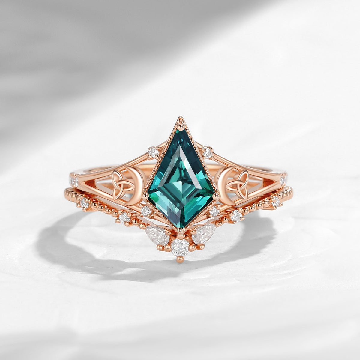 Celtic Moon 'Celestial Moon' - Kite Cut Lab Teal Sapphire Split Band Engagement Ring Set