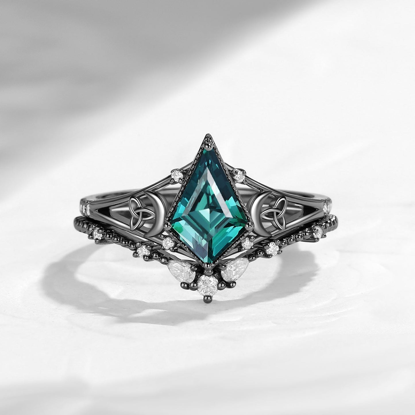 Celtic Moon 'Celestial Moon' - Kite Cut Lab Teal Sapphire Split Band Engagement Ring Set