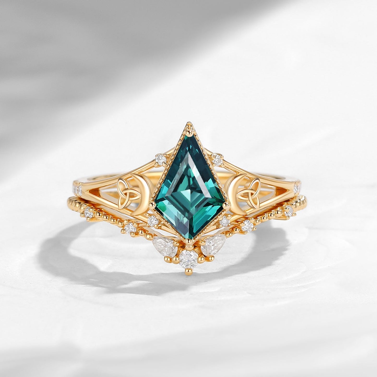 Celtic Moon 'Celestial Moon' - Kite Cut Lab Teal Sapphire Split Band Engagement Ring Set
