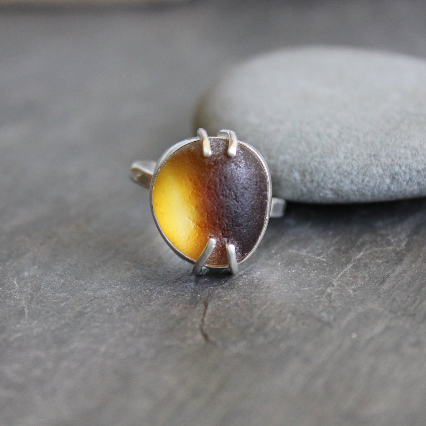 Funky Amber Brown Sea Glass Ring | Handmade | Sterling Silver | Size 6 1/4