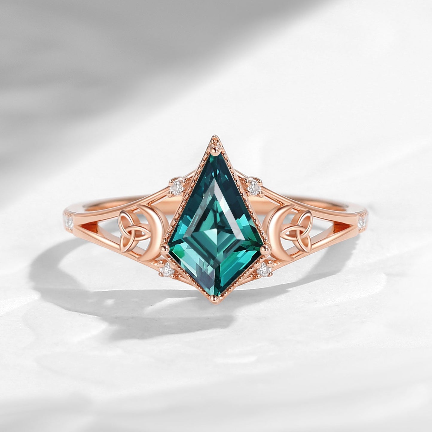 Celtic Moon 'Celestial Moon' - Kite Cut Lab Teal Sapphire Split Band Engagement Ring