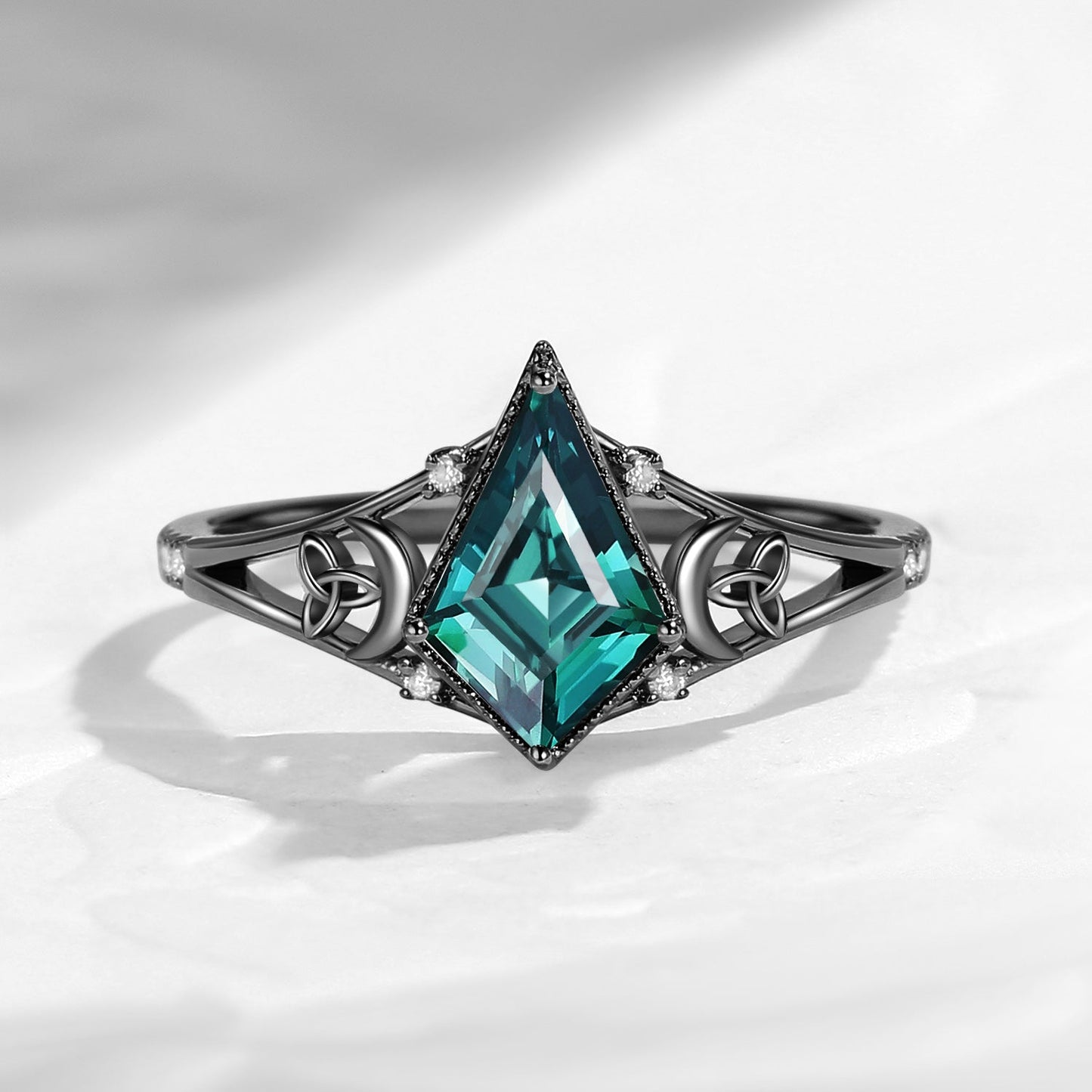 Celtic Moon 'Celestial Moon' - Kite Cut Lab Teal Sapphire Split Band Engagement Ring