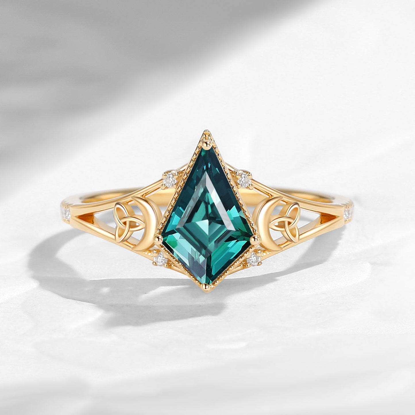 Celtic Moon 'Celestial Moon' - Kite Cut Lab Teal Sapphire Split Band Engagement Ring