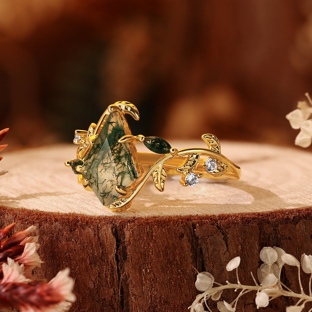 Unique Kite Cut Moss Agate Nature Inspired Vine & Leaf Branch Engagement Ring