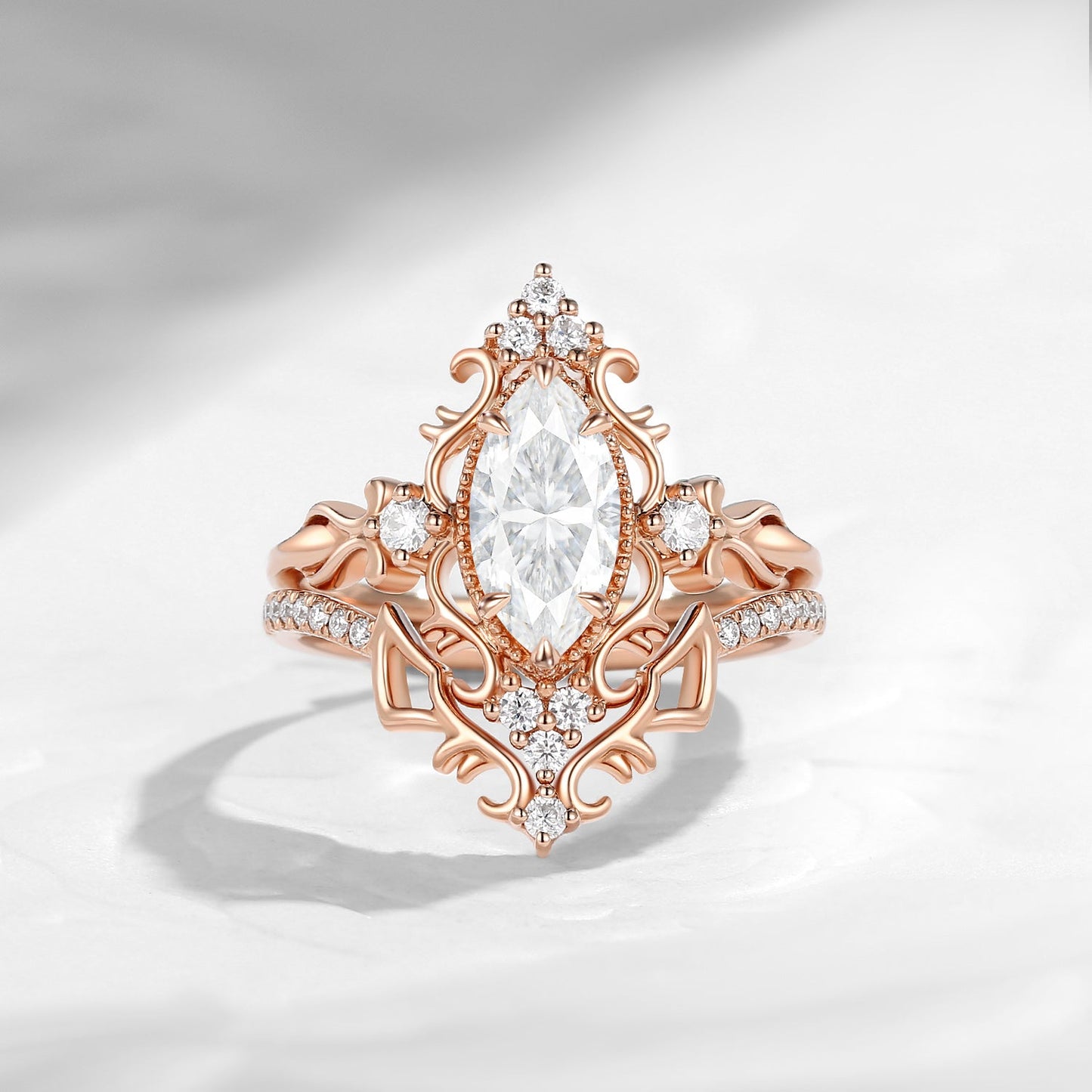 Vintage Inspired Marquise Cut Moissanite Unique Cluster Engagement Ring Bridal Set 2pcs