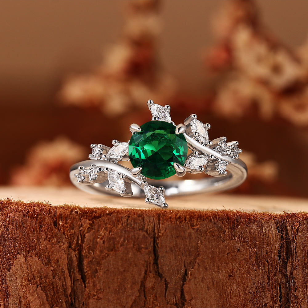 Nature Inspired 1.28CT Round Cut Lab Emerald Leaf & Branch Cluster Ring