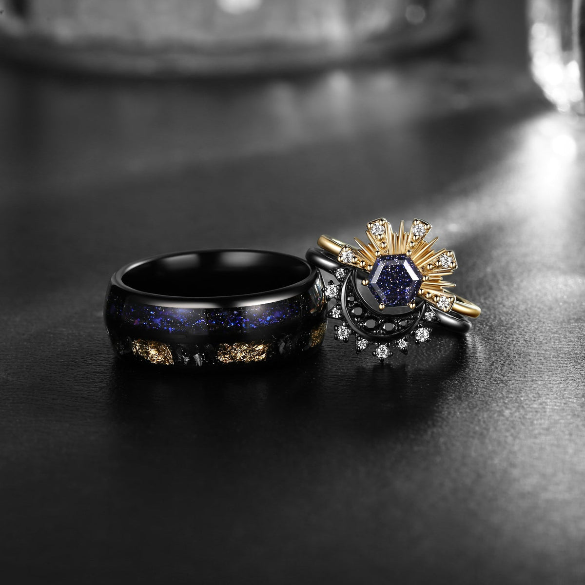 Crescent Moon - Retro Hexagon Blue Sandstone Two-Tone Sun & Moon Ring & Double Electroplated Band Couple Ring Set