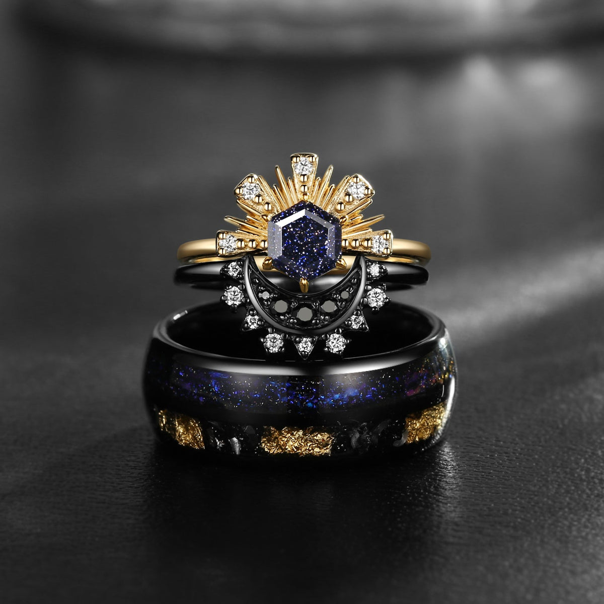 Crescent Moon - Retro Hexagon Blue Sandstone Two-Tone Sun & Moon Ring & Double Electroplated Band Couple Ring Set