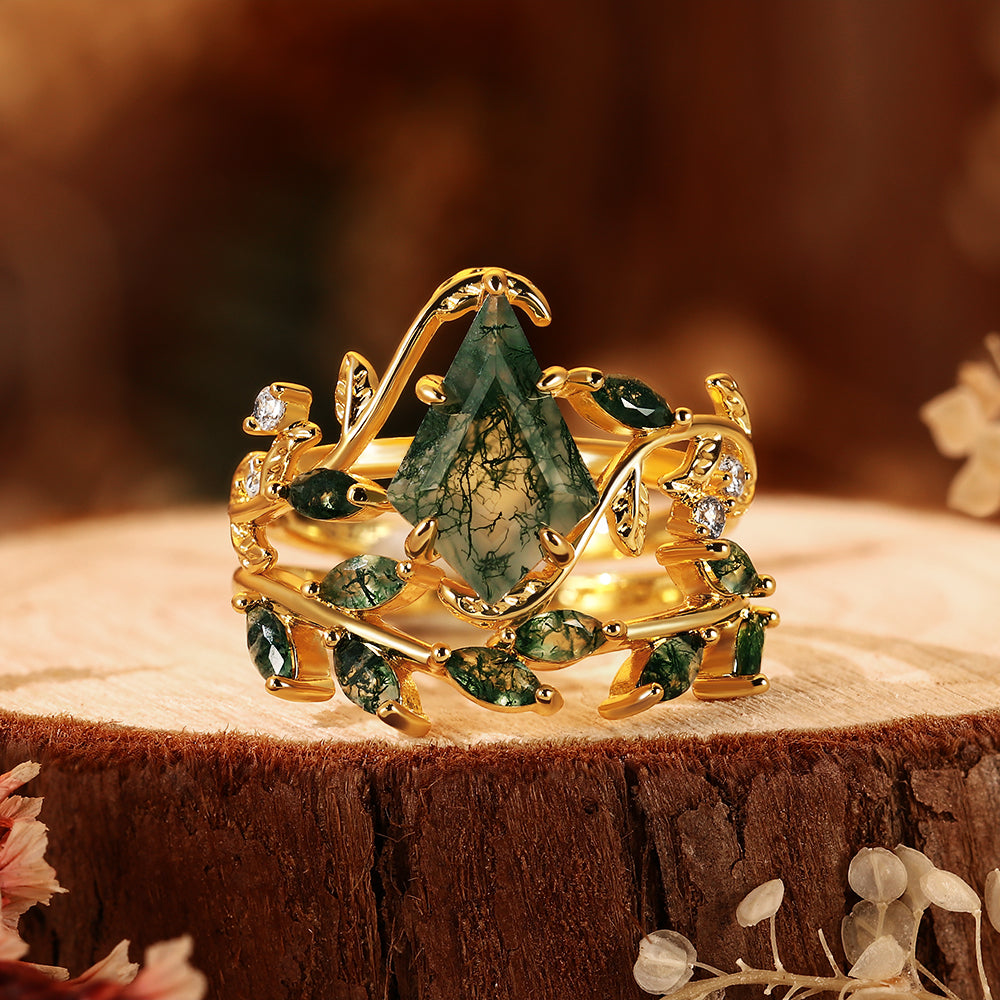 Unique Kite Cut Moss Agate Ring Nature Inspired Vine & Leaf Bridal Ring