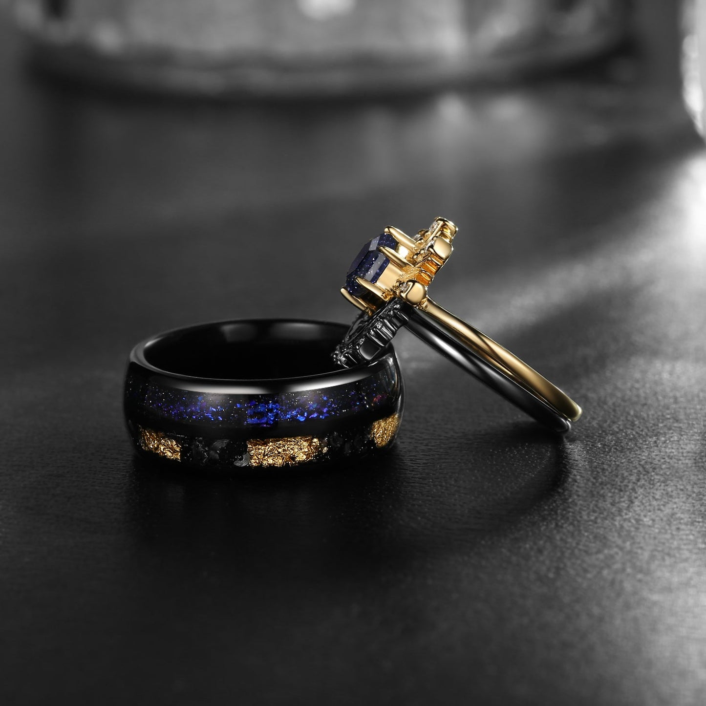 Crescent Moon - Retro Hexagon Blue Sandstone Two-Tone Sun & Moon Ring & Double Electroplated Band Couple Ring Set