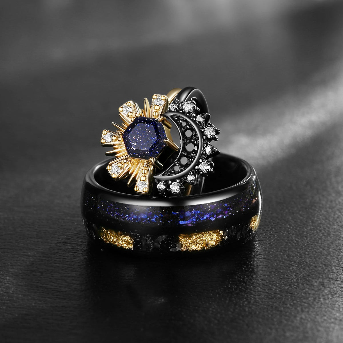 Crescent Moon - Retro Hexagon Blue Sandstone Two-Tone Sun & Moon Ring & Double Electroplated Band Couple Ring Set