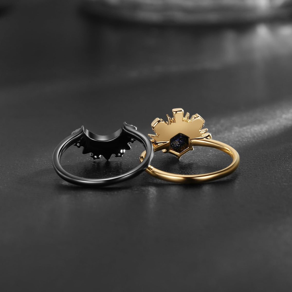 Retro Hexagon Cut Blue Sandstone Sun & Moon Two-Tone Engagement Ring Set 2pcs