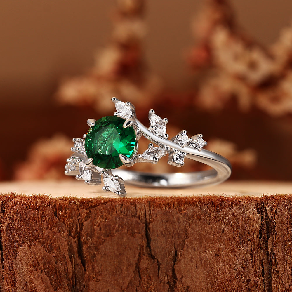 Nature Inspired 1.28CT Round Cut Lab Emerald Leaf & Branch Cluster Ring