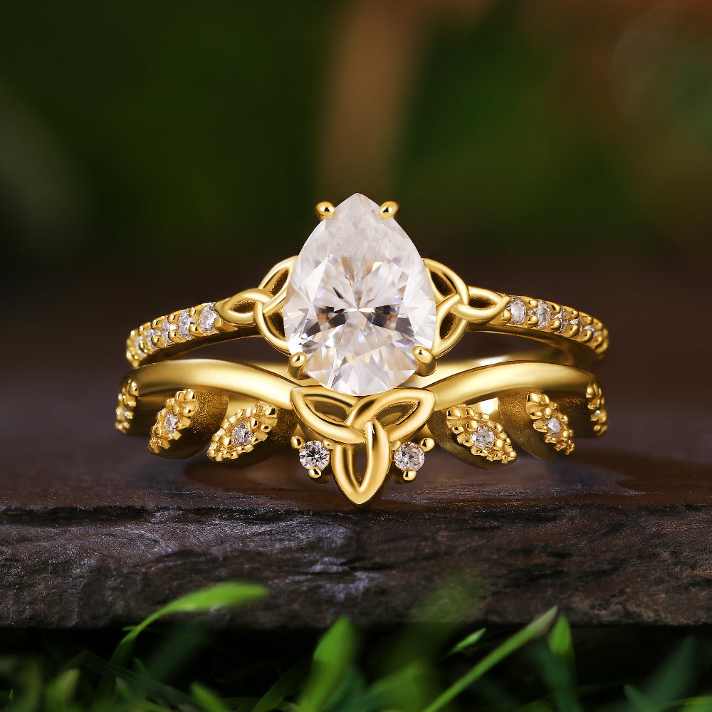 Art Deco 1.47ct Pear Cut Moissanite Bridal Set, Celtic Knot Accents
