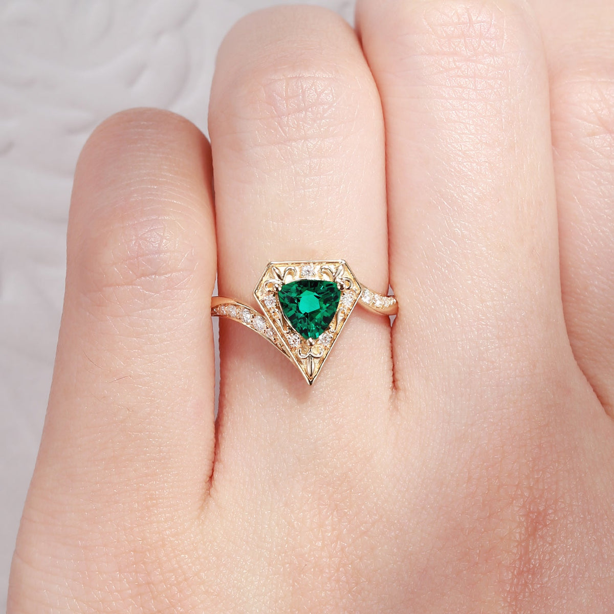 Triangle Cut Lab Emerald 'Fallen Aegis' Vintage Inspired Filigree Gold Engagement Ring