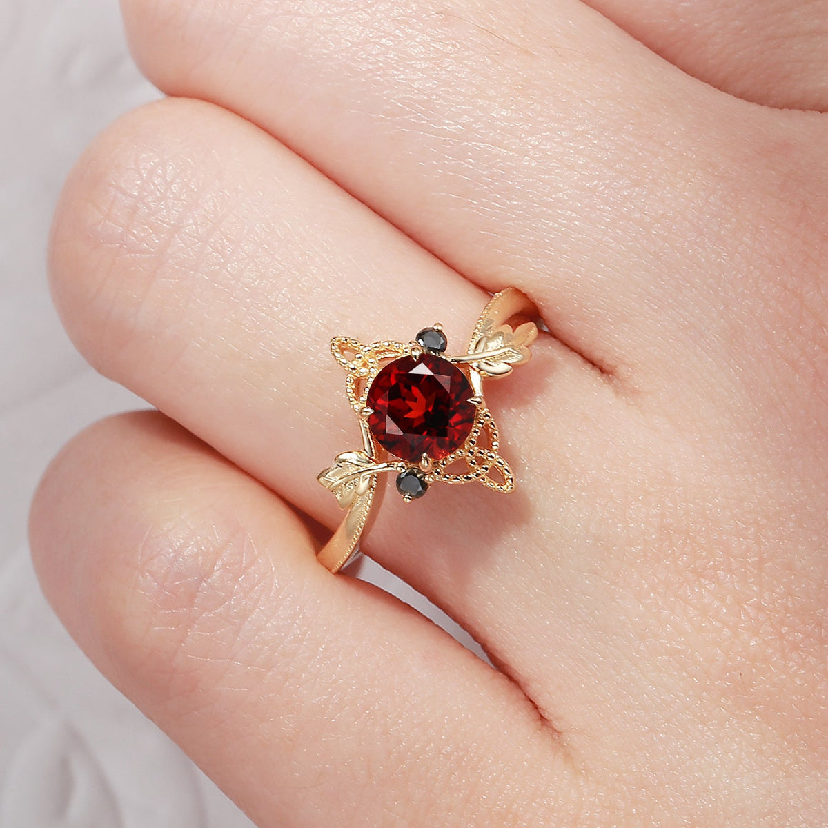 Celtic Calendar | 12.24-1.20 | Round Cut Garnet Nature Inspired Birch Leafy Celtic Ring