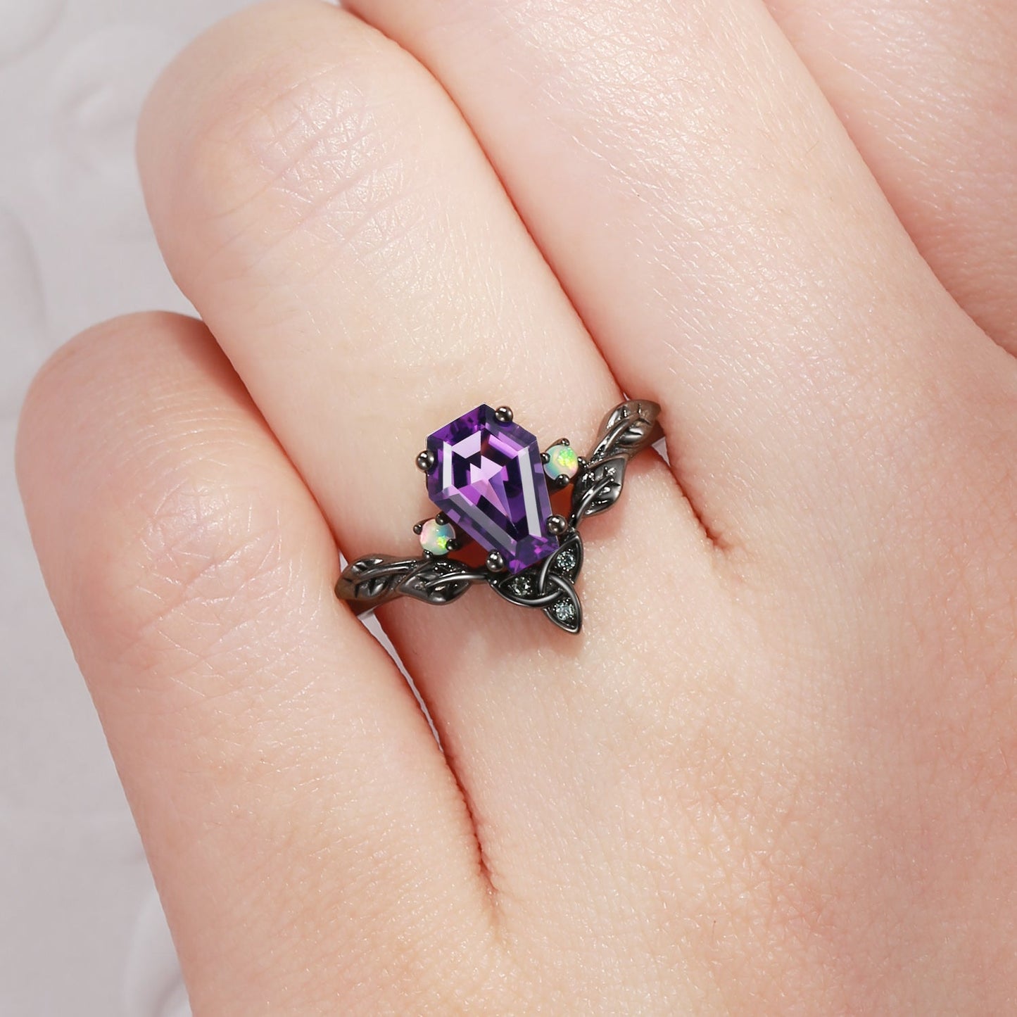Celtic Calendar | 1.21-2.17 | Coffin Amethyst Nature Inspired Rowan Leafy Celtic Engagement Ring