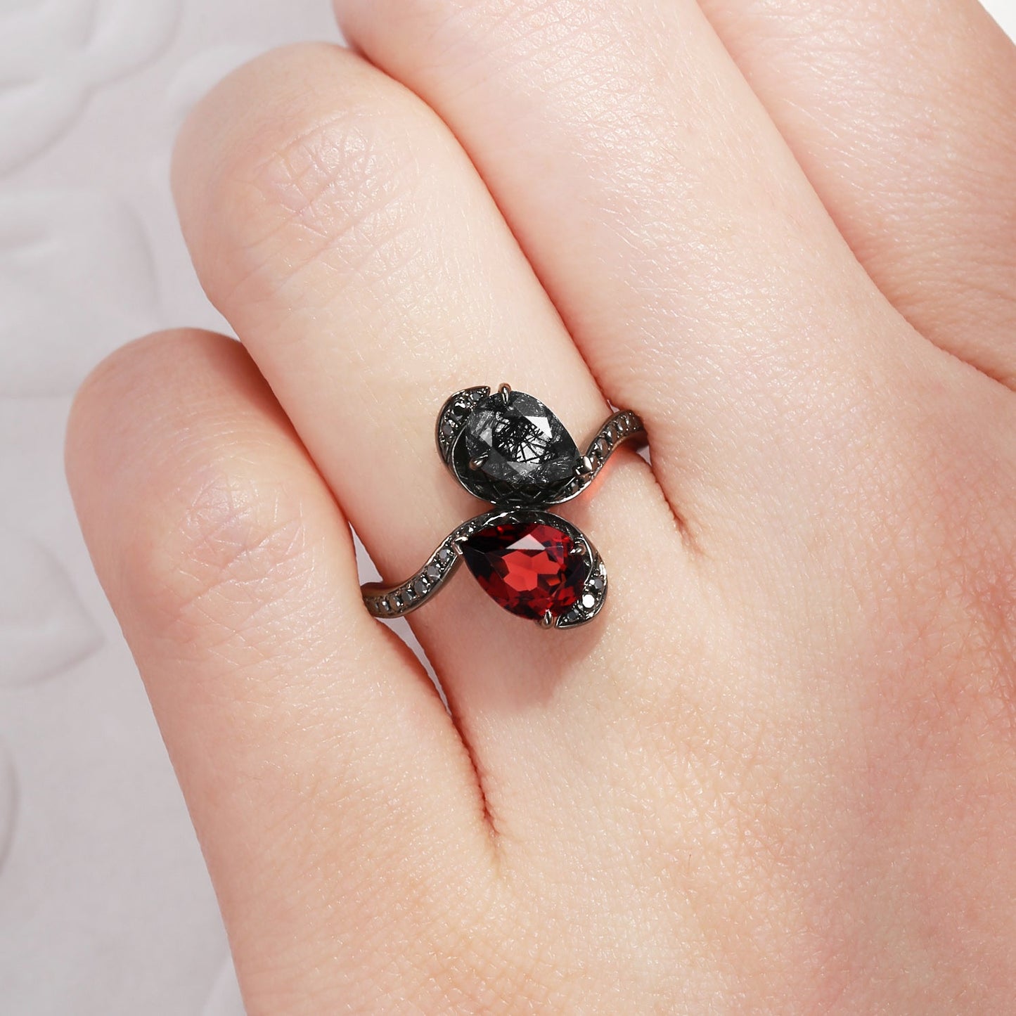 Toi et Moi 'Twin Flames' - Gothic Pear Cut Garnet & Black Rutilated Quartz Serpent's Embrace Engagement Ring