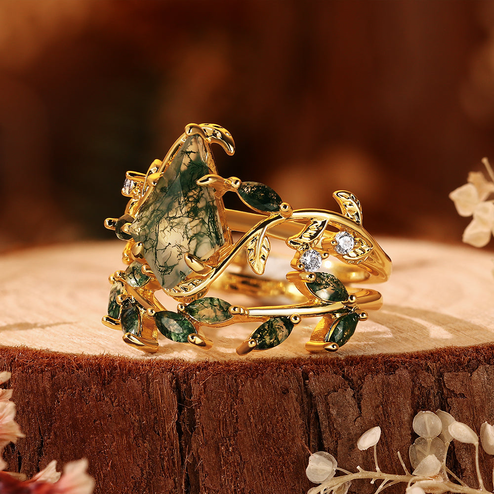 Unique Kite Cut Moss Agate Ring Nature Inspired Vine & Leaf Bridal Ring