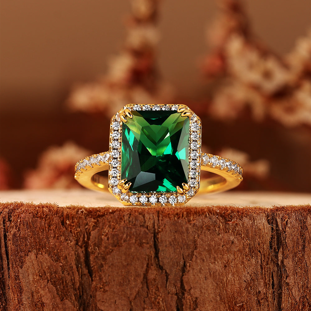 Luxury 1.87CT Emerald Cut Lab Emerald Halo Engagement Ring